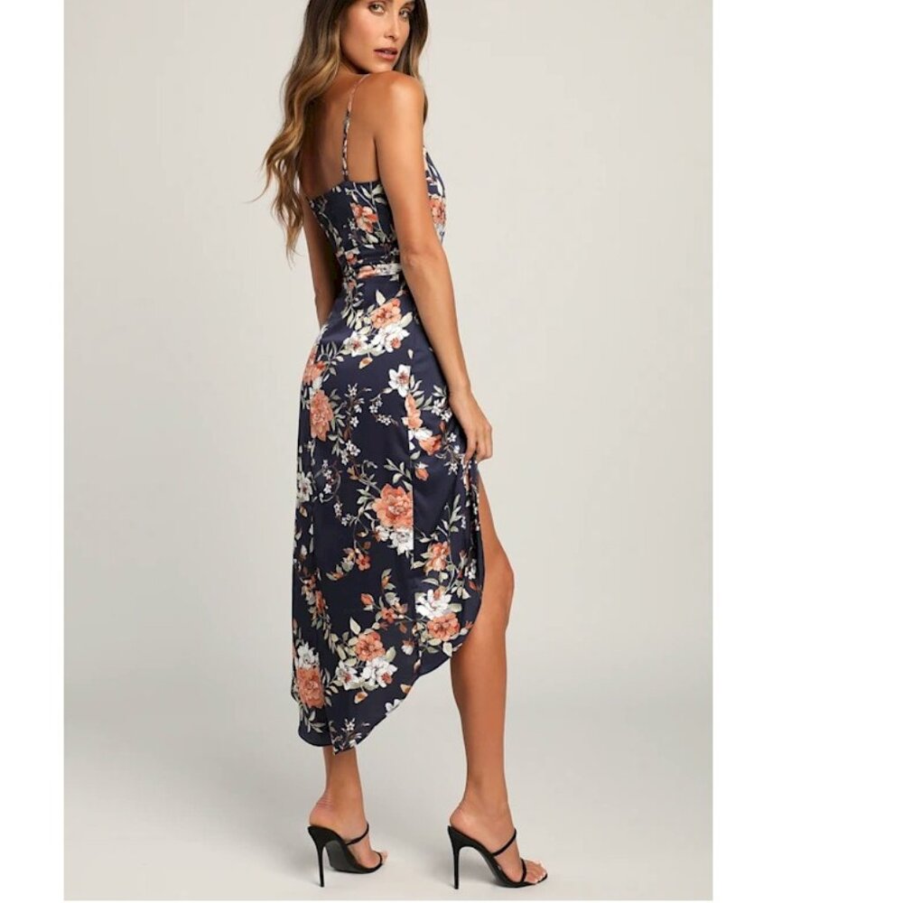 Lulus My Favorite Day Navy Blue Floral Print Tulip Skirt Midi Dress Small NWT - Picture 5 of 7